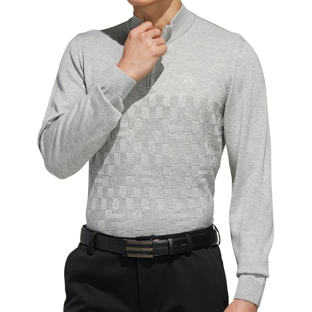  ジャカードパターン 長袖ジップアップセーター 