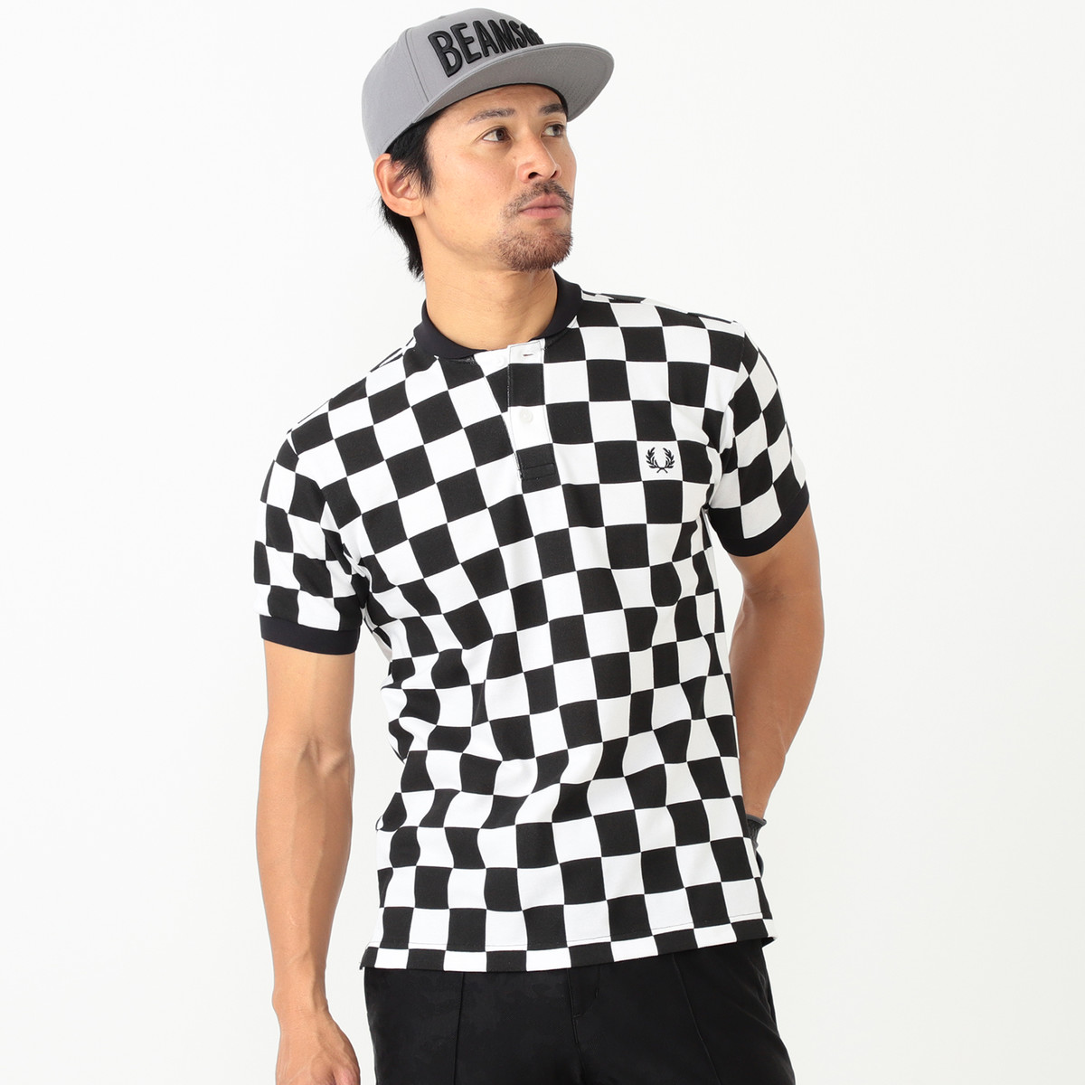  FRED PERRY×BEAMS GOLF 別注 チェッカーフラッグ柄 ポロシャツ 