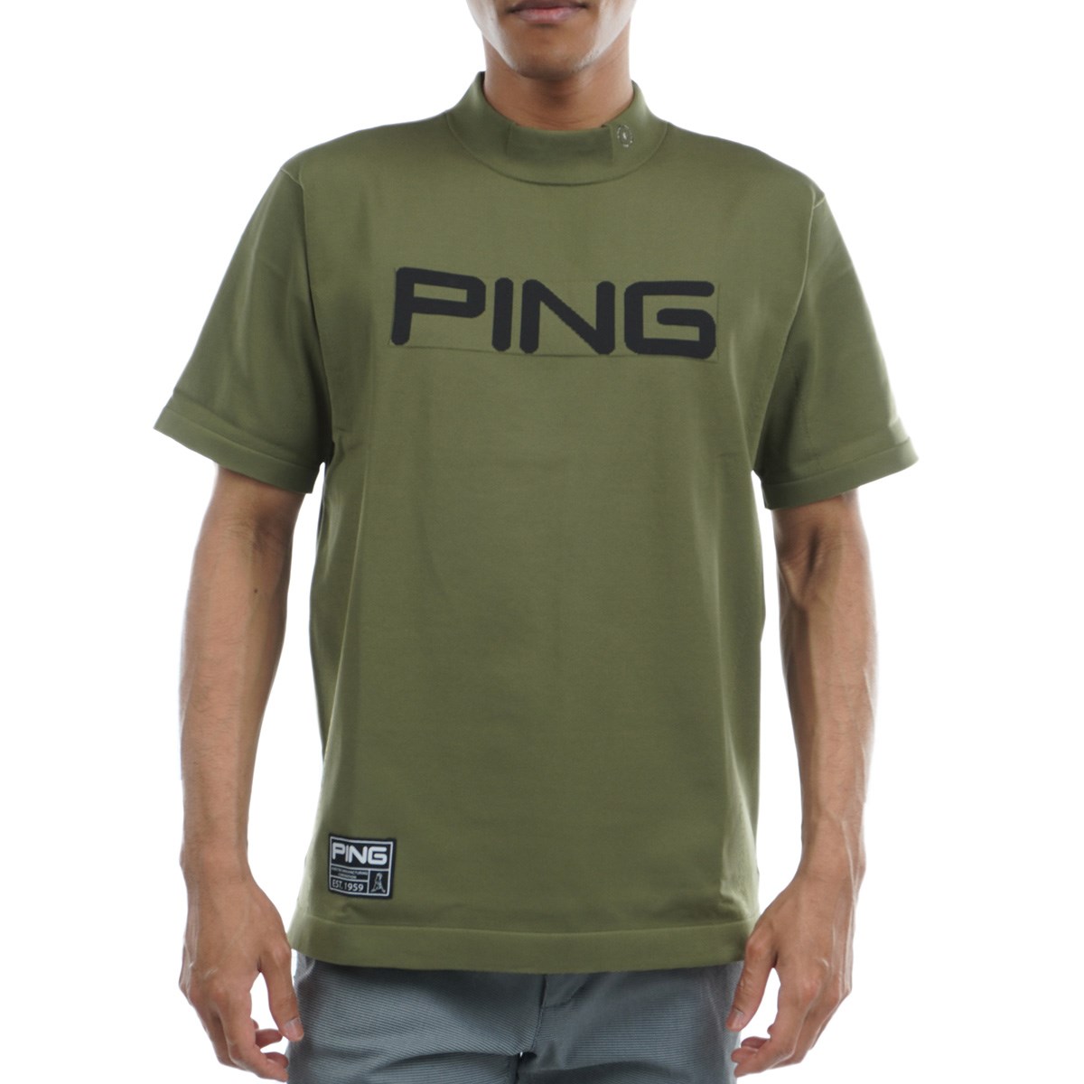 【新品•未使用品】PING ハイネックシャツ ブラック LL 超美品】ピン 半袖ハイネックシャツ 黒 ロゴ総柄地模様 胸ロゴ