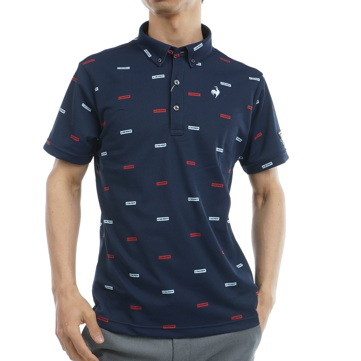 ルコックゴルフ Le coq sportif GOLF 取扱店舗限定 トリコロールカラー ロゴ総柄 ストレッチ半袖ポロシャツ LL レッド 00